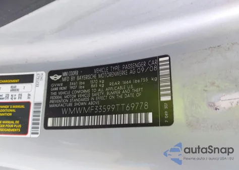 2009 Mini Cooper из США, поврежденный, VIN WMWMF33599TT69778